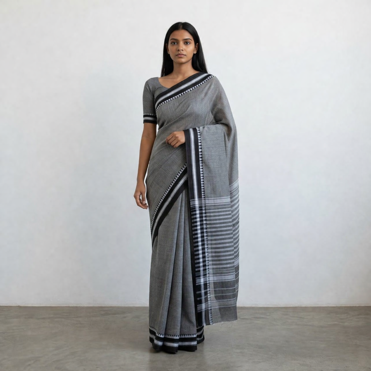 Dhonekhali Tant (Grey Saree+Black border)