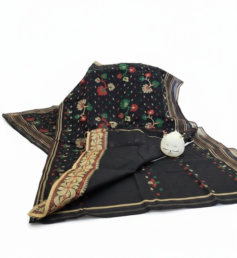 Bengal Tant Saree (Black + Golden zari border)