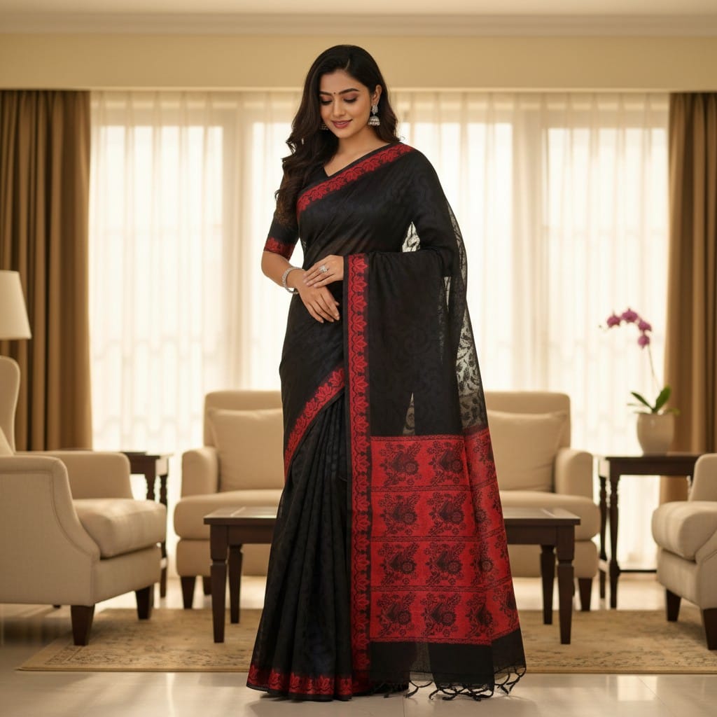 Cotton Black Saree with Red border